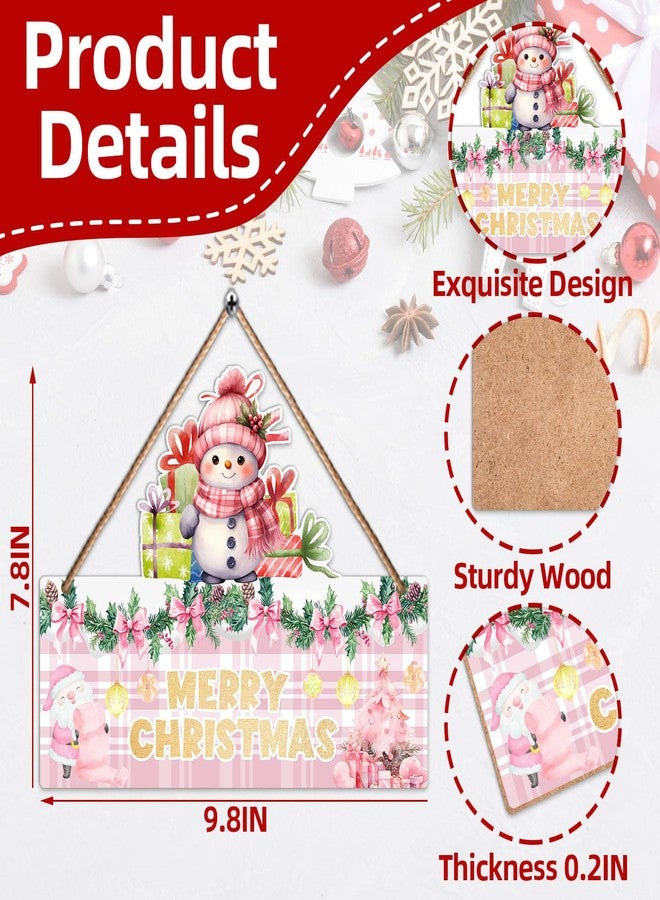 Hatzelou 1PCS Merry Christmas Wall Hanging Sign, Pink Wooden Sign for Front, Chrismas Theme Welcome with Snowman, Perfect for Winter Farmhouse Garden Porch Wall Decor (Christmas Door Sign) - Image 2